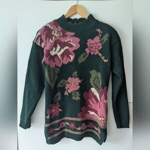 Vintage Cottagecore Knit Sweater Hunter Green & Pink Petite Small